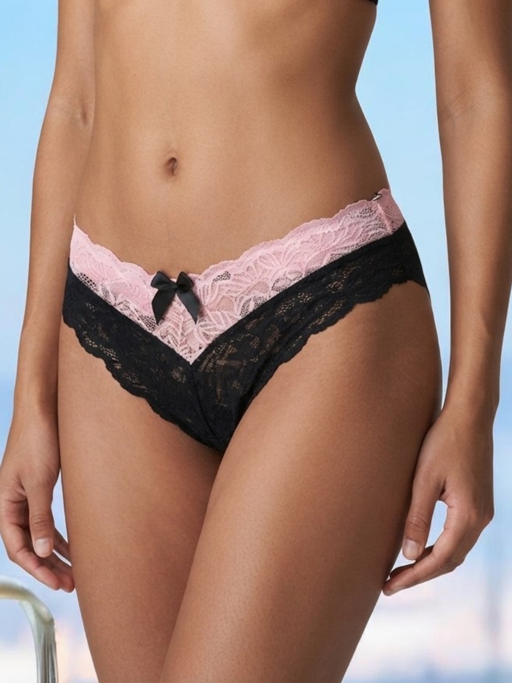 Lace Hipster Panty with Contrast Waistband - Black & Light Pink